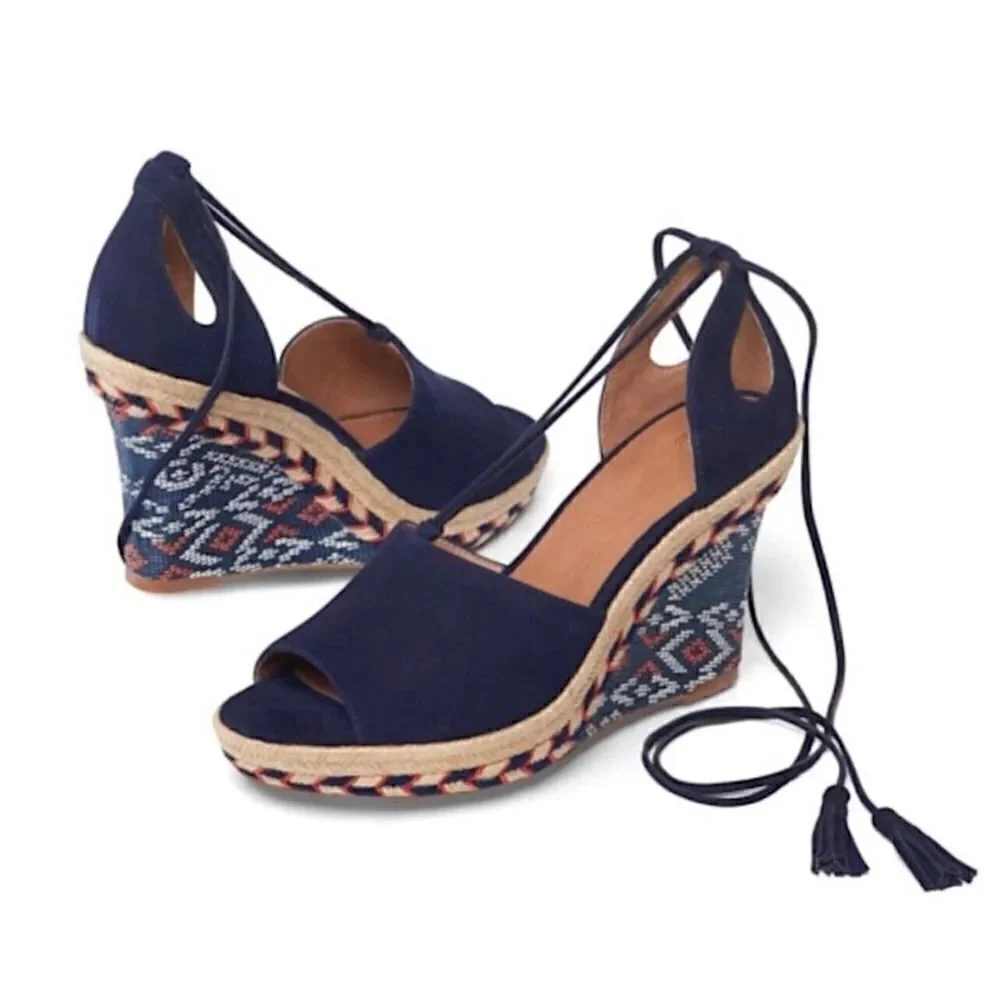 CABI boho navy blue Isla leather suede wedge espadrille tassels sandals size 9M